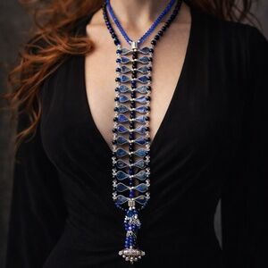 Lapis Inlay Ladder Necklace Afghan Bell Amulet, African Trade Beads